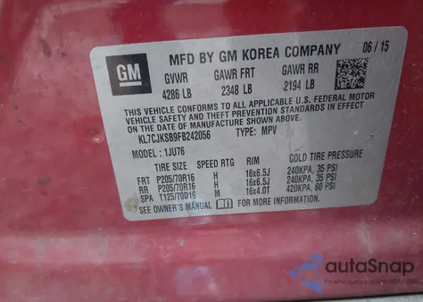 2015 Chevrolet Trax 1Ls z USA, uszkodzony, nr VIN KL7CJKSB9FB242056